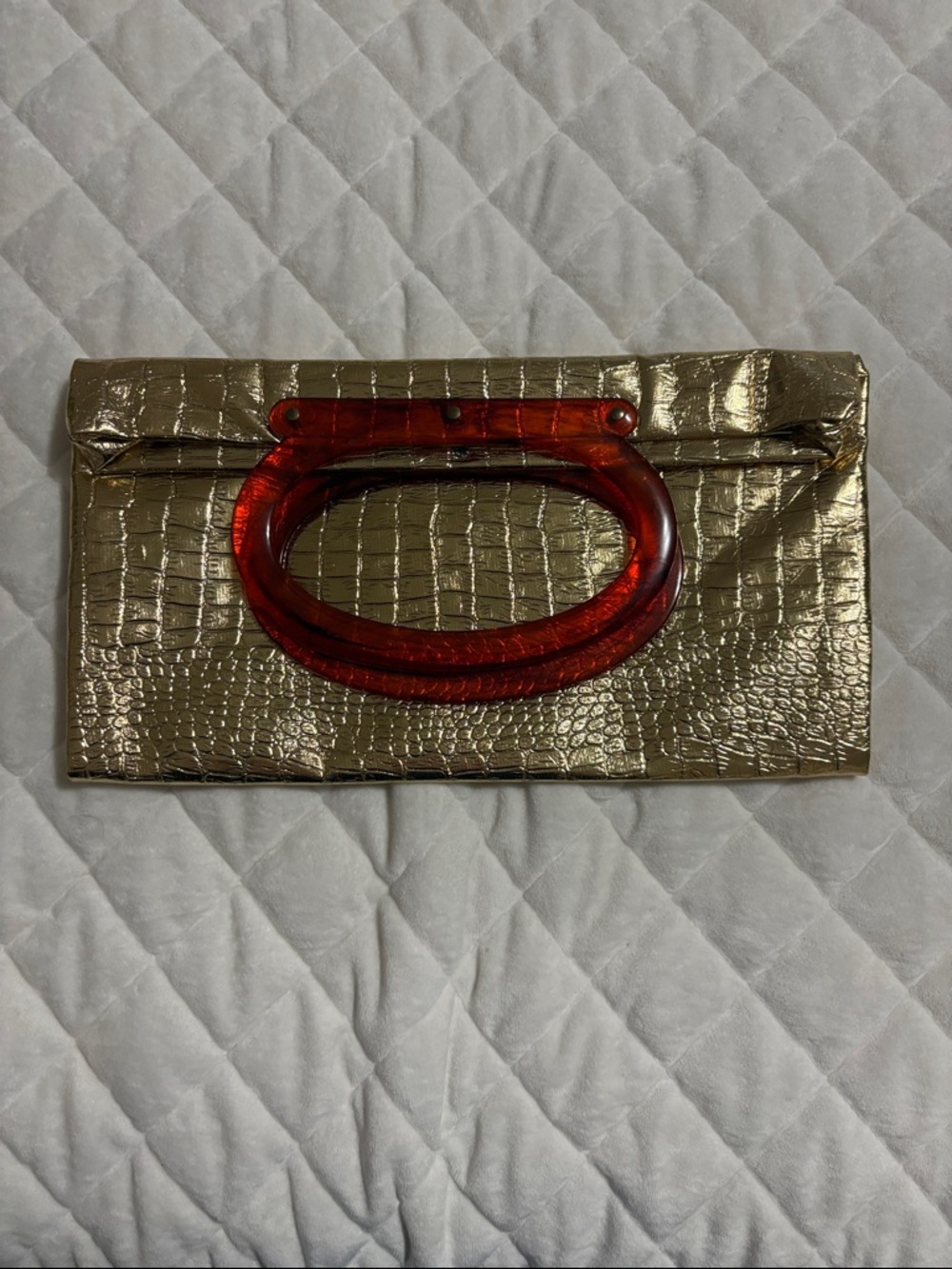 Vintage Gold Croc-Texture Clutch with orange brown Lucite Handle